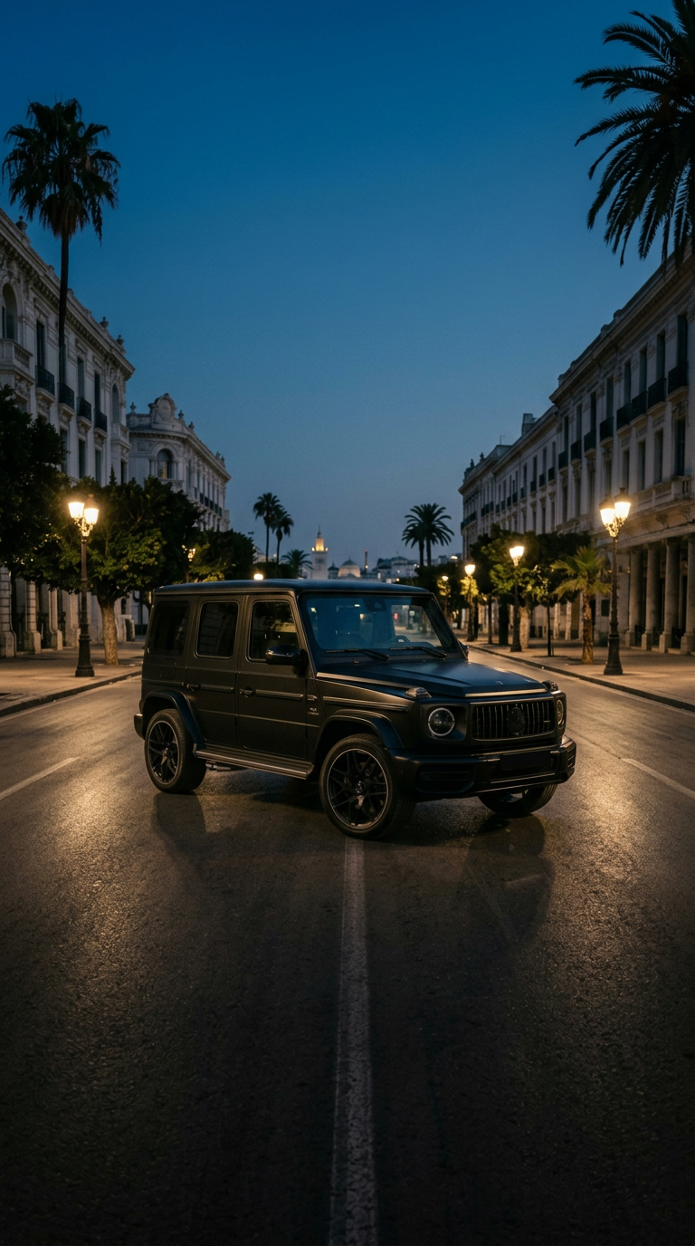 Mercedes-AMG G63 Noir Mat, avenue de Tunis au crépuscule.